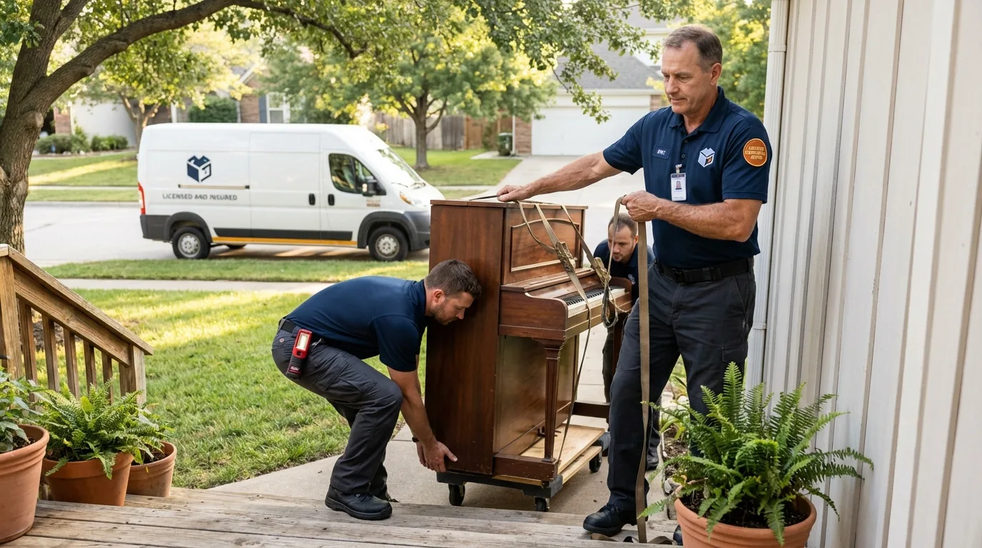 Licensed piano movers securing grand piano in Humboldt, IA